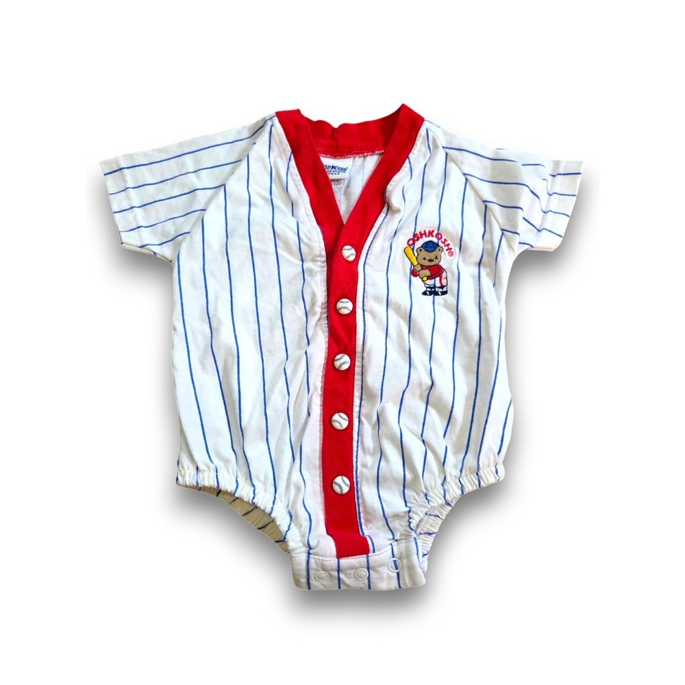 Vintage 80s OshKosh Bgosh Baby One Piece Romper Striped Baseball Retro Size 6-9m